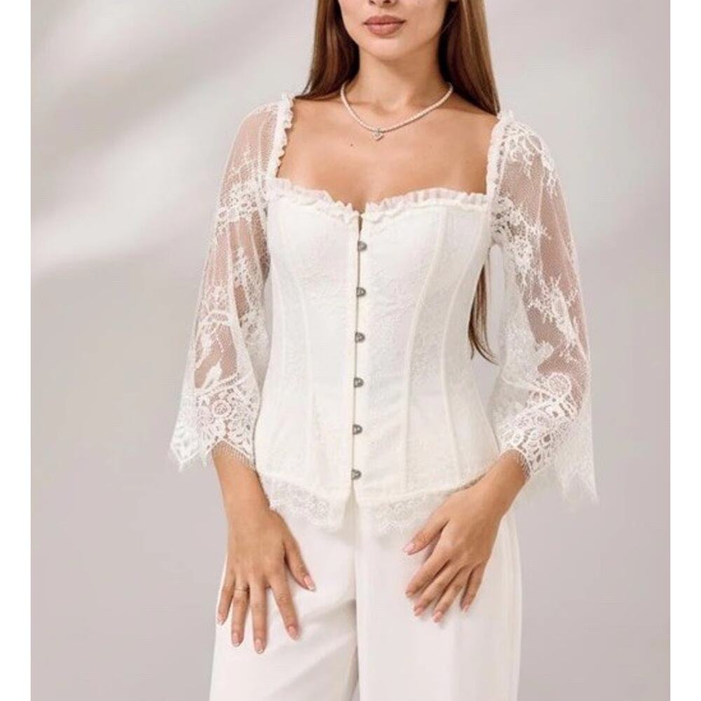 White Lace Corset Top Fairycore Renaissance Cottagecore Blouse Bell Sleeve Sz L